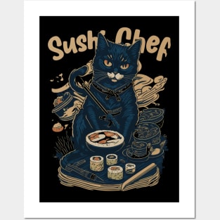 Retro Japanese-Inspired Feline Culinary Cat as Sushi Chef Posters and Art